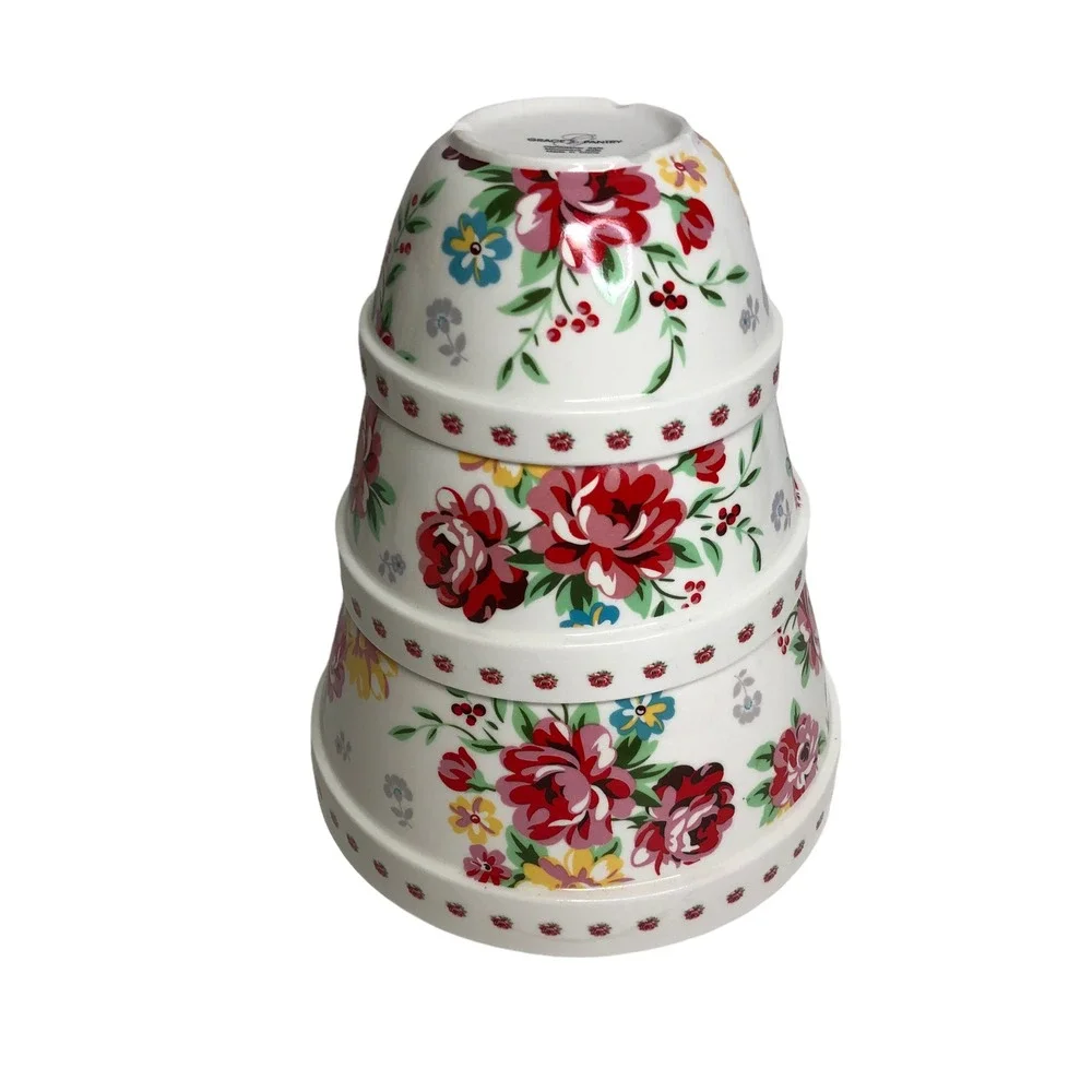 Grace's Pantry Set 3 Nesting Bowls White Floral Spring Flowers‎ Pink Blue